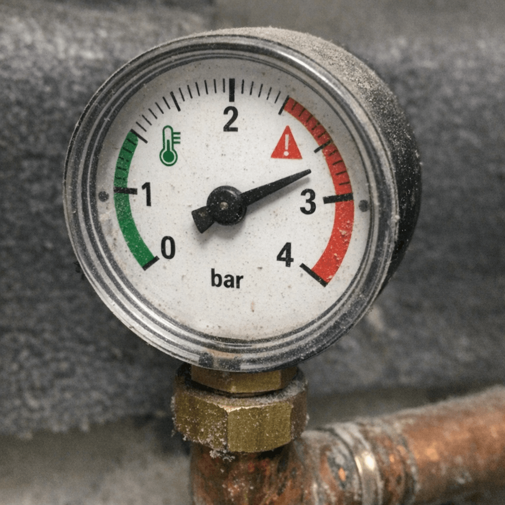 Nahaufnahme eines Manometers an einer Heizungsanlage