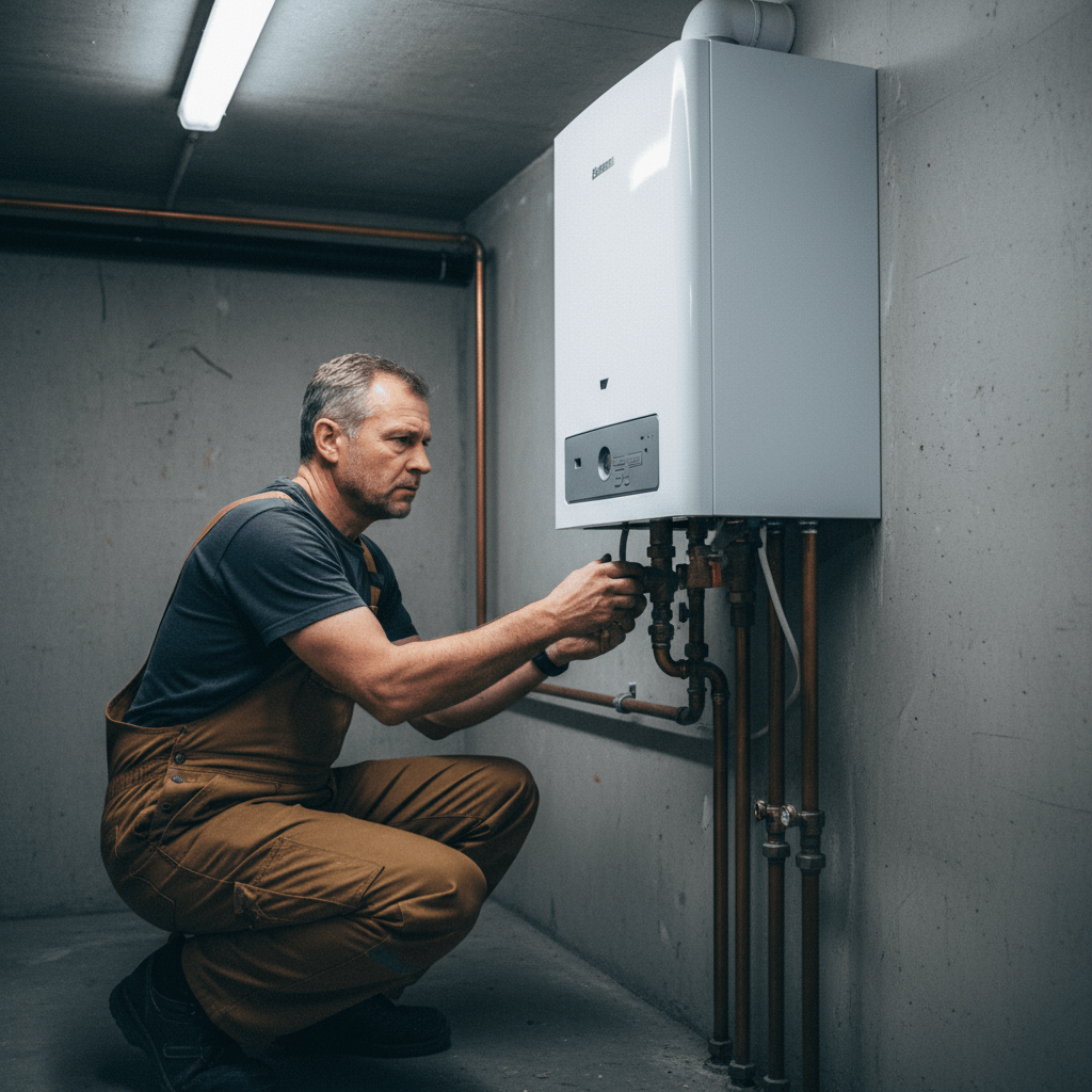 Erfahrener Heizungsmonteur bei der Arbeit an einer Therme für Notfall Heizung Service