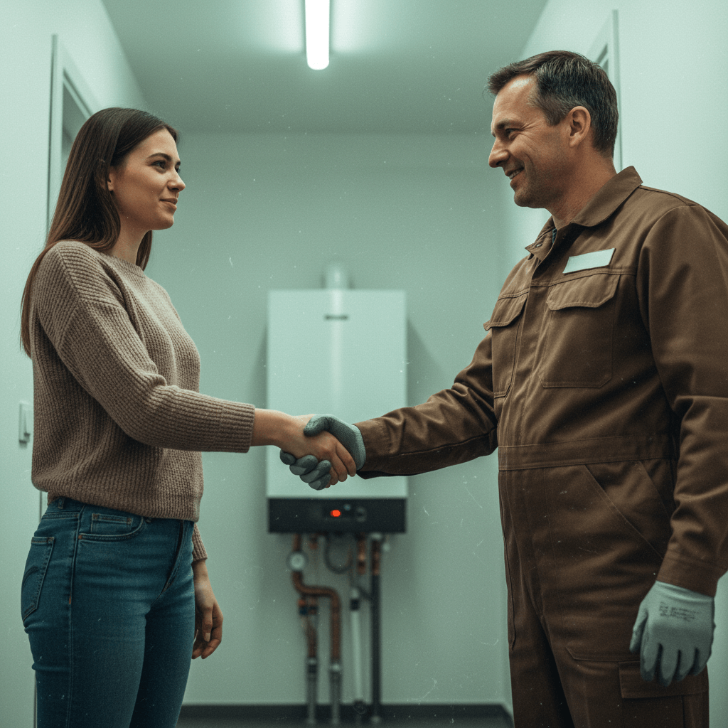 Freundlicher Handwerker gibt Handschlag nach erfolgreicher Reparatur